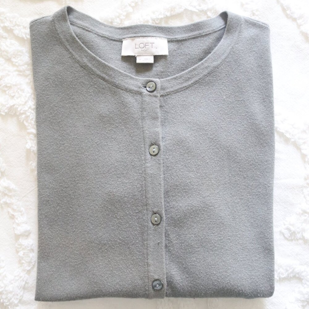 Loft | Soft Sage Green Grey Lightweight Button Front Crewneck Cardigan Sweater - Picture 13 of 13